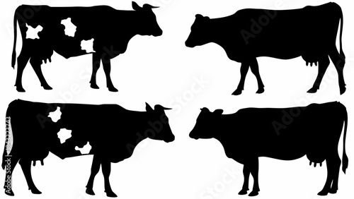 Four black and white cow silhouettes arranged in a square pattern for farm or dairy design elements