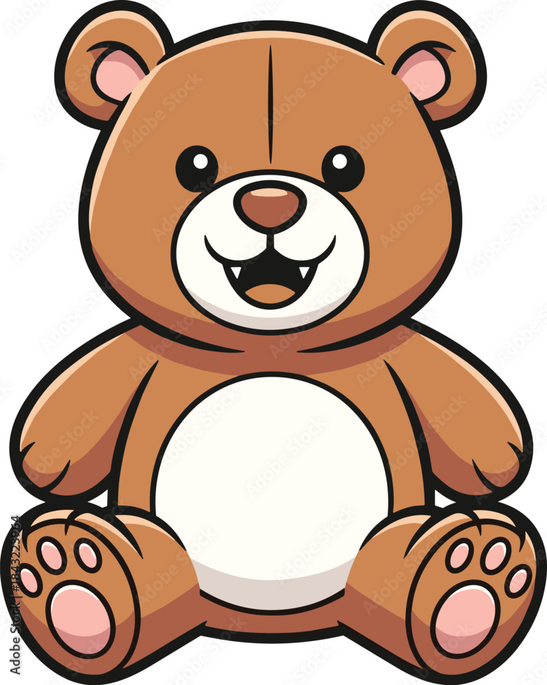 Fototapeta premium Cute cartoon teddy bear sitting with open arms, white belly, pink paws — children, nursery, toy, animal, playful theme