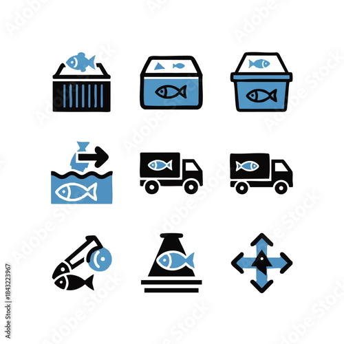 Fish transportation and storage icons set in vector style