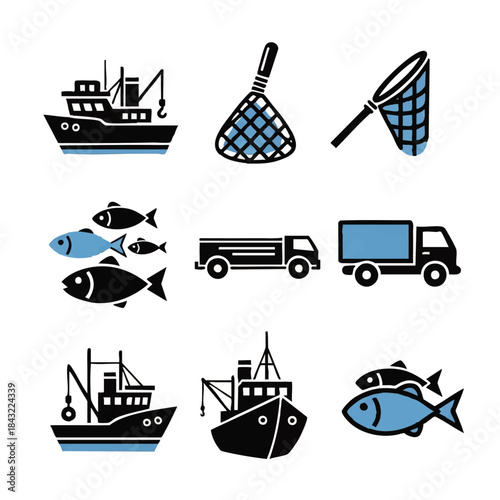 Set of Fishing and Transportation Icons in Vector Style