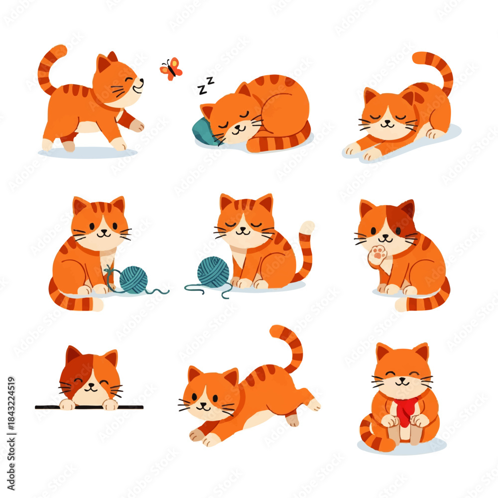 Obraz premium Cute cartoon orange cats playing and sleeping in various poses