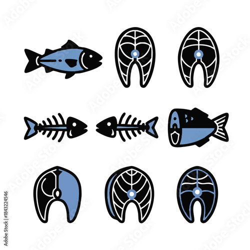Vector icons of fish and fish fillets in minimalist style