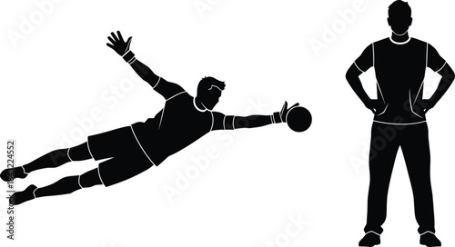 Silhouette of soccer goalkeeper diving to catch ball and standing coach isolated on white background for sports team training and football competition vector illustration