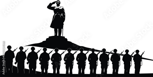Silhouette of soldiers standing in row with rifles below saluting commander statue, black and white vector illustration of military parade and army power concept