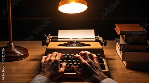 Passionate Writers Hands on Vintage Typewriter Under Warm Lamp Celebrating Creativity and National Screenwriters Day with Books on Desk