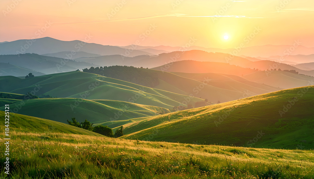 Naklejka premium Soft, rolling green hills and layered mountains at sunrise, bathed in warm, glowing light with hazy, atmospheric perspective and a minimalist feel.