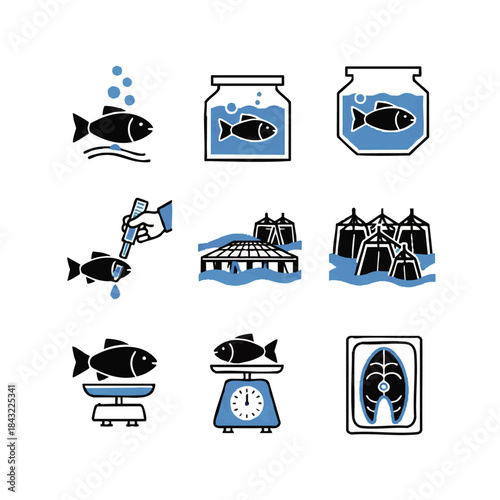 Set of Icons Depicting Fish Farming and Aquaculture Processes