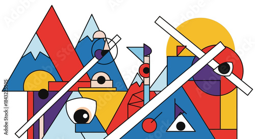 Abstract Geometric Composition with Eyes and Triangles.