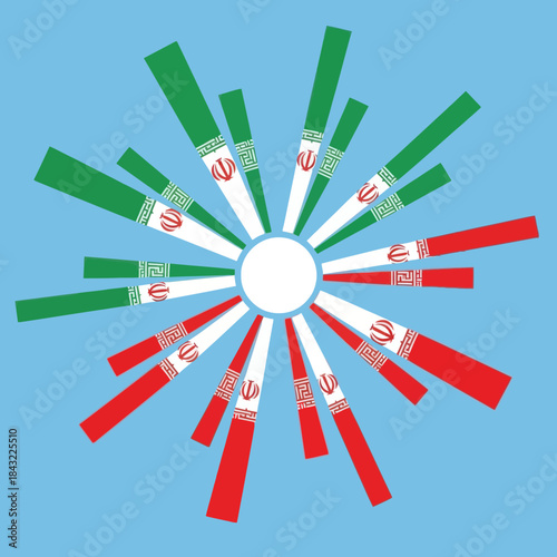 Stylized starburst graphic featuring colors of the iranian flag against a blue backdrop.