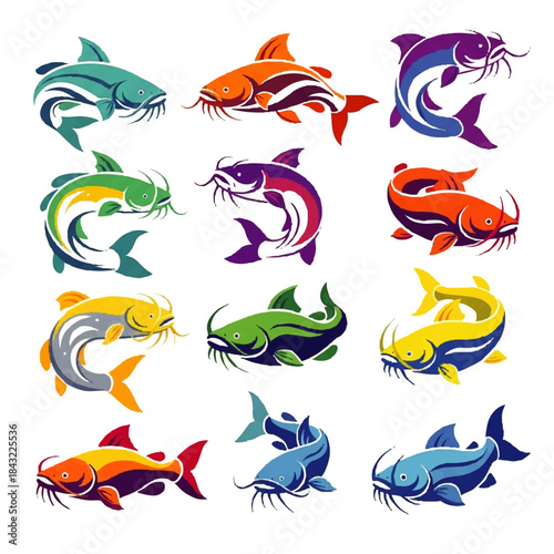Colorful vector illustrations of stylized catfish in various poses