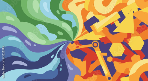 Abstract Illustration of Opposing Forces - Fluidity Meets Structure in a Vibrant Composition.