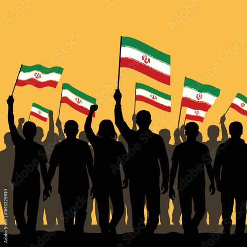 Silhouettes of crowd protesting with iranian flags. Demonstration, revolution concept.