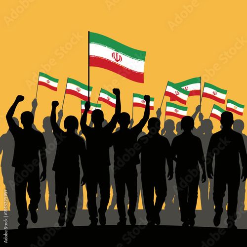 Crowd of people silhouette holding iran flags, concept of protest and revolution.
