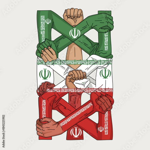 Illustration of arms intertwined, colored with the iranian flag colors. Unity concept.