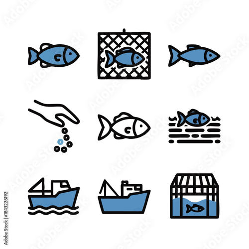 Set of fish farming and aquaculture vector icons in blue and black