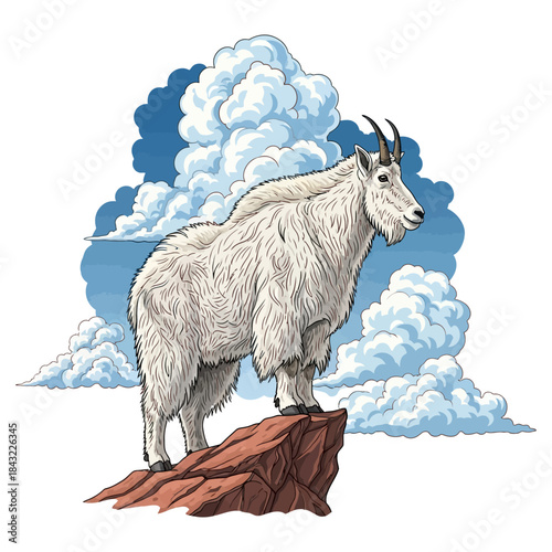 Mountain goat standing on a cliff with dramatic clouds in a detailed vector illustration