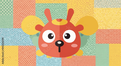 Cartoon Red Animal Head with Big Eyes and Yellow Ears on Colorful Patchwork.