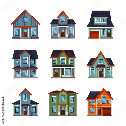 Set of Nine Colorful Residential House Illustrations on White Background