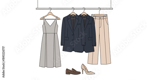 Clothing Rack with Dress, Blazer, Pants, and Shoes.