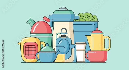 Collection of Colorful Kitchen Containers and Vessels Illustration.