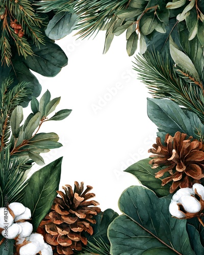 Watercolor christmas frame with branches, generation AI 