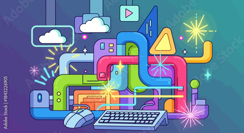 Colorful Abstract Technology Illustration with Keyboard and Mouse.