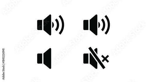 Set of four black speaker icons showing volume, mute, and sound levels
