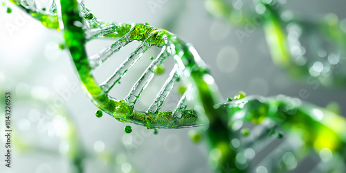 Glossy green DNA helix with liquid-like texture and scattered spheres on blurred bokeh background. Ideal for biotech visuals, medical branding, and scientific design with vibrant molecular detail.