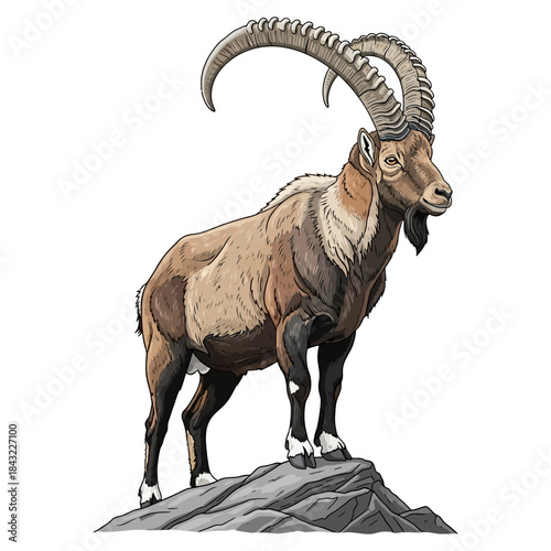 Mighty male ibex standing proud on mountain rock