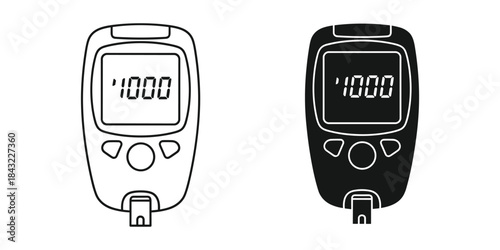Blood glucose meter icon set, outline and solid style, diabetes monitoring device