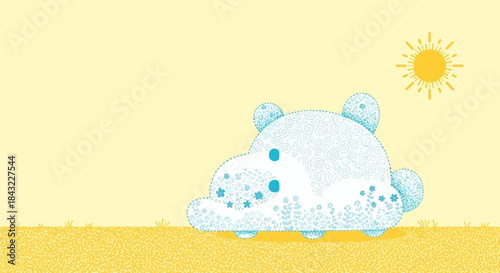 Cute Cartoon Hippo Character in Sunny Landscape Illustration.