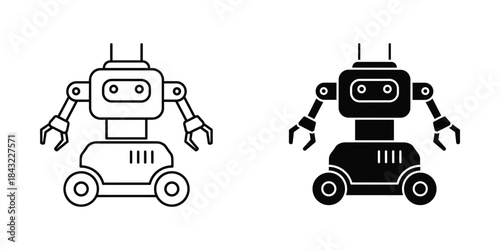 Robot icon set on wheels, outline and solid style