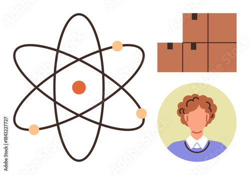 Atomic model connected to education and science, brown stacked boxes for logistics, and human profile for persona or identity. Ideal for physics, science, supply chain, packaging, human resources