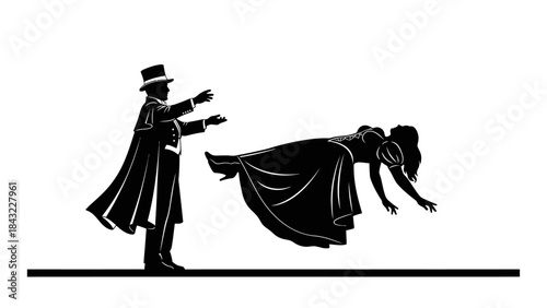 Man in top hat magically levitating woman in dress on stage