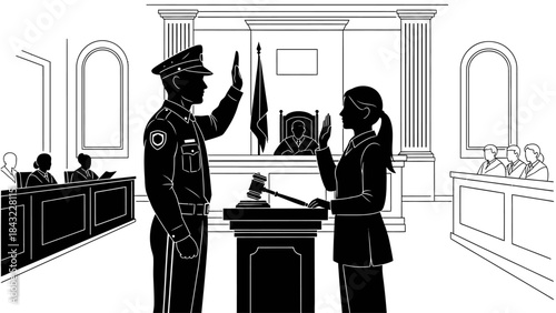 Officer taking oath in courtroom with judge and lawyers present