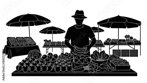 A vendor standing behind a fruit stand with umbrellas in a market scene