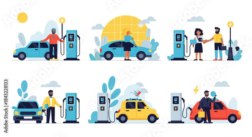 Electric Vehicle Charging Stations with People and Cars Illustration Set.