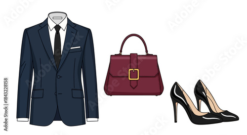 Elegant Business Attire - Navy Suit, Burgundy Handbag, and Black Heels.
