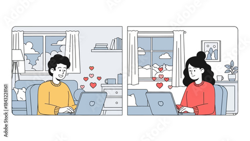 Couple video chatting with laptops in living room with heart icons