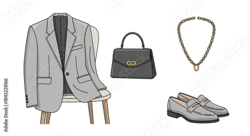 Elegant Outfit Composition - Blazer, Handbag, Necklace, and Loafers.