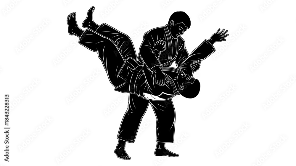 Naklejka premium Martial artists performing judo throw in dynamic pose on white background