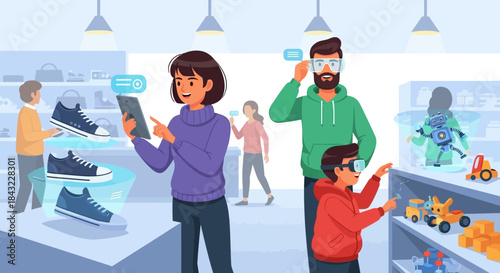 Family Shopping with Augmented Reality in a Modern Store.