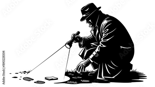 Man in hat examining coins with magnifying glass on ground