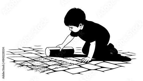 A child laying down tiles on the floor in a room.