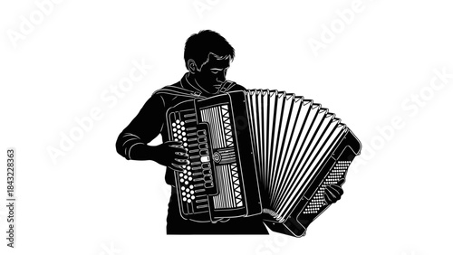 A musician playing the accordion in a stylized black and white illustration