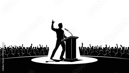 A speaker stands at a podium addressing a large crowd of people in a public gathering