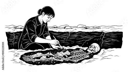 Woman examining ancient skeleton in archaeological site