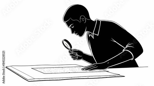 Man examining a document closely with a magnifying glass on a flat surface