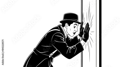 Man in bowler hat peeking through door in vintage illustration style