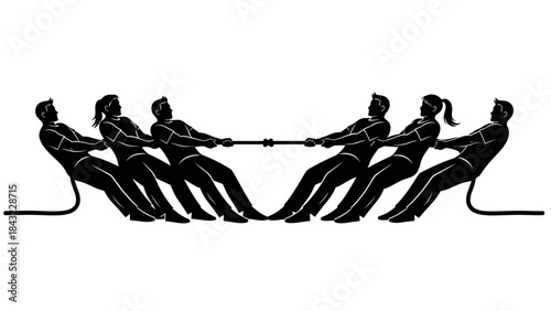 Group of people engaged in a fierce tug of war competition on a neutral background